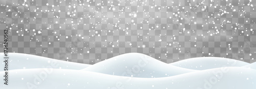 Vector heavy snowfall with snowbanks field. Snow landscape decoration, frozen hills isolated on png background. Snow flakes, snow and blizzard falling on snowdrifts. Christmas vector illustration