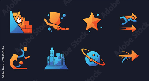 Stylized vector icons illustrating dynamic urban parkour movements, featuring a wall flame, a flip star, a city orbit, and a vault arrow, representing agility and athletic action.
