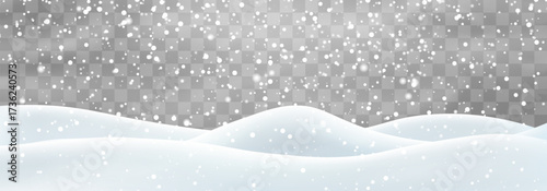 Vector heavy snowfall with snowbanks field. Snow landscape decoration, frozen hills isolated on png background. Snow flakes, snow and blizzard falling on snowdrifts. Christmas vector illustration