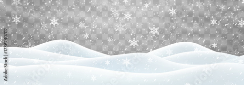 Vector heavy snowfall with snowbanks field. Snow landscape decoration, frozen hills isolated on png background. Snow flakes, snow and blizzard falling on snowdrifts. Christmas vector illustration