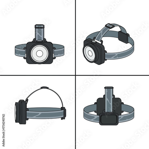 Headlamp or Head Torch Vector Illustration Set in Various Angles