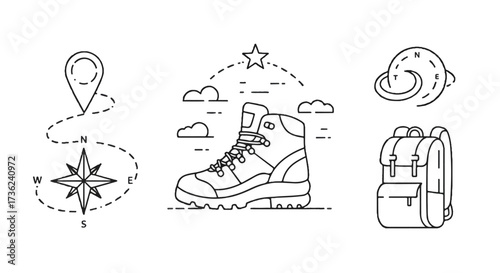 A minimalist vector illustration set features hiking boot with flame, trail star, compass orbit, and backpack wave, symbolizing outdoor journey and exploration.