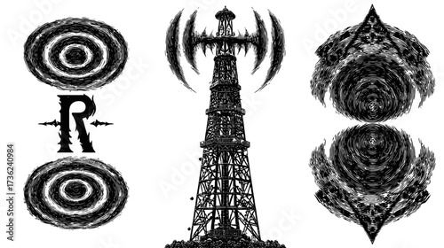 Distressed black and white graphic elements set featuring a stylized communication tower, abstract geometric patterns, and textured designs