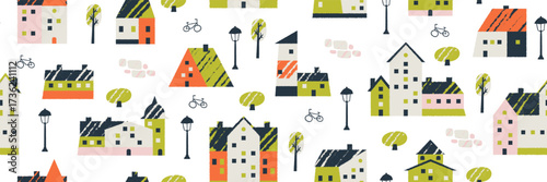 Seamless pattern with tiny doodle houses, trees, and clouds for a cute Swedish city building.
