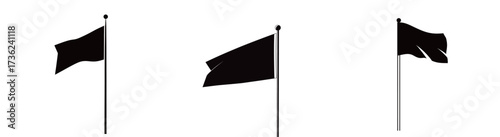 Three black flags are shown in a horizontal arrangement against a plain white background, showcasing a minimalist design. The flags appear to be fluttering slightly.