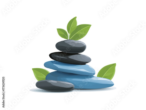 A serene arrangement of smooth stones stacked neatly, with fresh green leaves emerging, representing peace and tranquility in a natural setting.