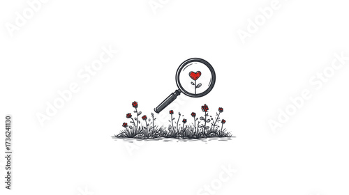 Magnifying glass focused on a plant with a red heart, symbolizing searching for love, discovery, growth, or finding special details. Hand-drawn illustration.