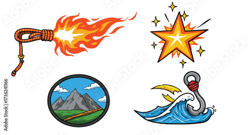 Creative graphic sports icons illustrating a fiery climbing rope, belay star, orbited mountain, and a hook wave, representing outdoor adventure and athletic spirit.