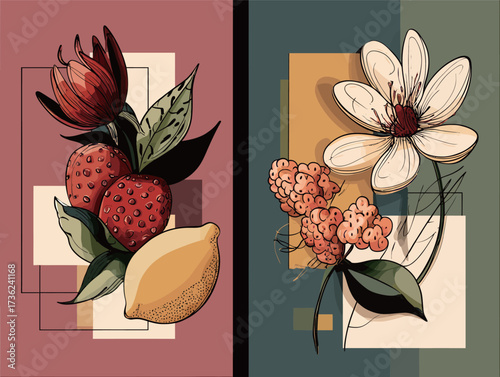 Bright and artistic representation of strawberries, a lemon, and various flowers set against bold, contrasting backgrounds.