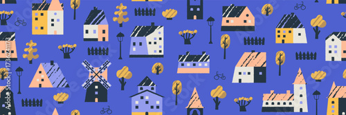 Seamless pattern with tiny doodle houses under the night featuring in Sweden.