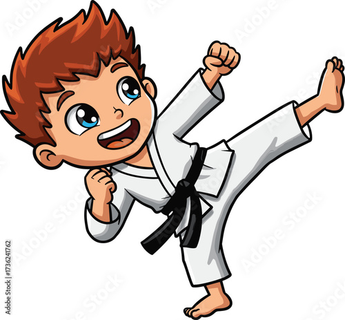 Cartoon child karate kick, martial arts training, karate gi black belt, energetic sports illustration, kids karate pose, martial arts discipline, karate practice, children activity