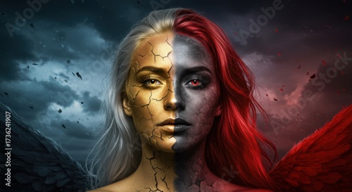Half angel and half demon woman with contrasting wings and colors  