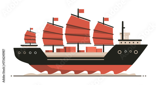 A traditional cargo ship with red sails is sailing smoothly across a calm body of water, showcasing its unique design and multiple sails against a serene backdrop.