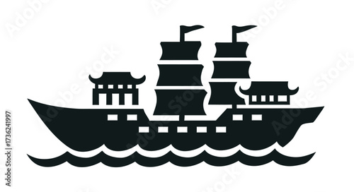 A classic sailing ship with three masts glides gracefully over serene waters. The vessel features traditional architecture and sails, symbolizing adventure and exploration.