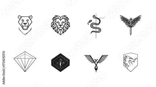 Geometric line art vector icon set: wild animals (lion, cheetah, snake), mythical creatures (phoenix, winged figure, dragon), and abstract symbols.