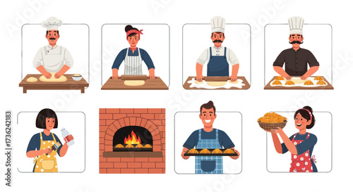 Bakers and Oven: Diverse Chefs Preparing Dough and Baked Goods.