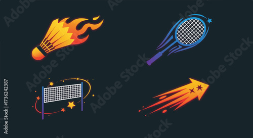 Dynamic vector illustration set features stylized badminton icons including a fiery shuttlecock, a star-adorned racket, an orbiting net, and an impactful smash arrow.