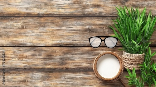 Wallpaper Mural Rustic Wooden Desk Flatlay Coconut Milk, Eyeglasses and Greenery Torontodigital.ca
