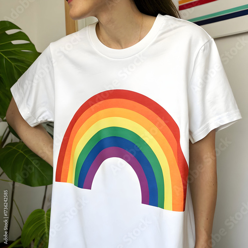 white t shirt with rainbow print