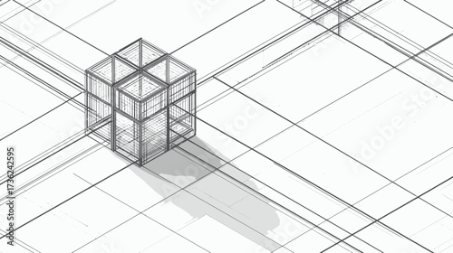 Abstract 3D wireframe cube illustration with dynamic geometric grid lines. Modern architectural blueprint concept for technology and design.