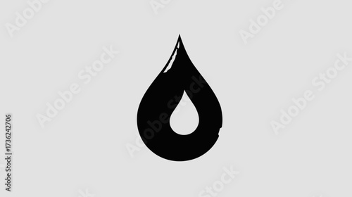Abstract black paint brush stroke droplet icon on light grey background. Hand-drawn ink water drop symbol, grunge graphic design element.