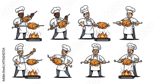 Cartoon Chefs Preparing Roasted Chicken on a Spit Over Open Fire.