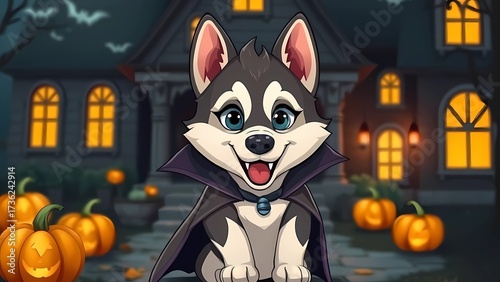 Cute Cartoon Husky Puppy in Vampire Costume with Pumpkins and Haunted House Halloween Illustration