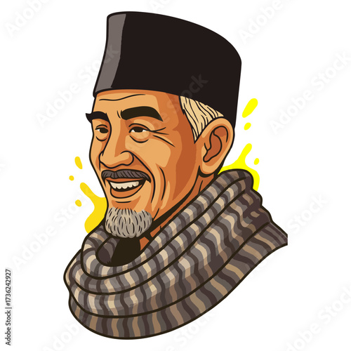 Happy Indonesian Older Man with Peci and Sarong Scarf Cartoon