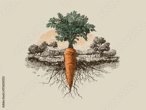 This artwork showcases a vibrant carrot with lush green leaves and prominent roots, set against a serene rural scene. The farmhouse and trees enhance the natural setting.