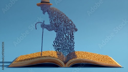 Conceptual artwork of a person made of words with open book background