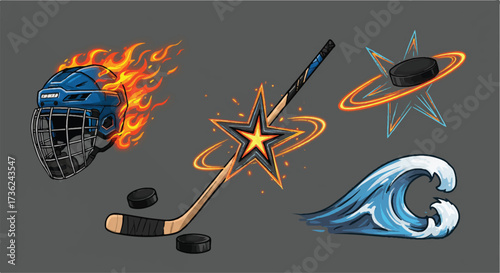 Dynamic ice hockey sports icons vector illustration showcasing a blazing helmet, a stick with a shining star, a puck in orbit, and a goal with a powerful wave.