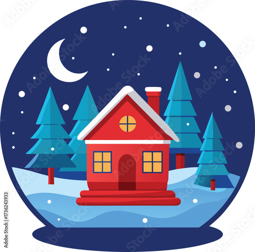 Cozy red cabin nestled among snowy pine trees under a crescent moon