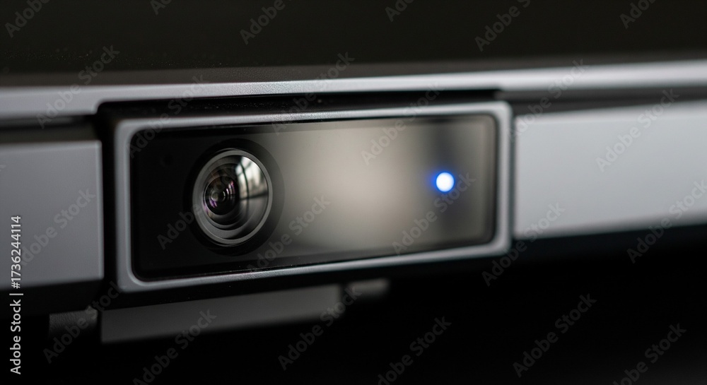Obraz premium Essential laptop camera lens with glowing indicator for video calls and online meetings