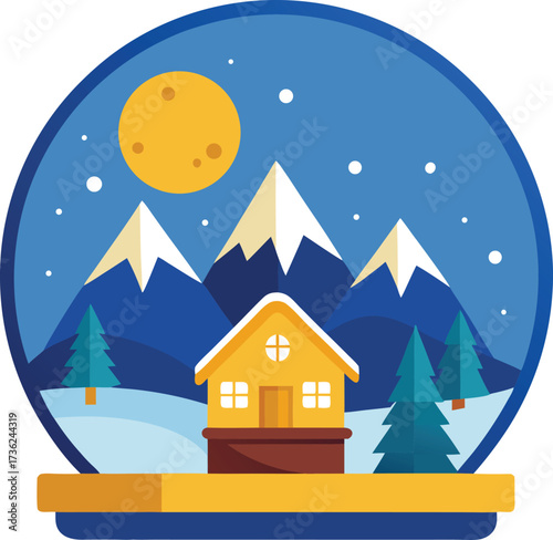 Cozy winter cabin nestled amongst snowy mountains under a full moon