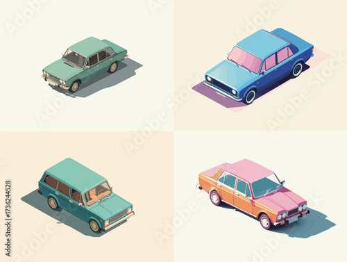 This scene features a collection of four classic cars in vibrant colors, highlighting various styles. Each vehicle stands out with its own distinct design and charm.