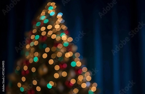 Christmas tree lights creating festive bokeh background against dark blue