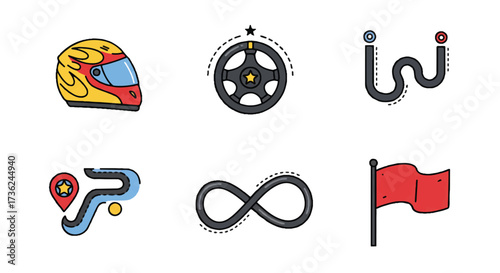 Minimalist vector illustrations depict dynamic motor racing symbols including a flaming helmet, a steering wheel with a star, an infinity race track, and a waving checkered flag.