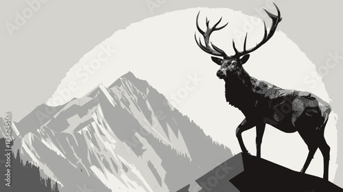 Majestic wild stag with large antlers atop a mountain peak, overlooking a vast wilderness landscape. Grayscale nature illustration.