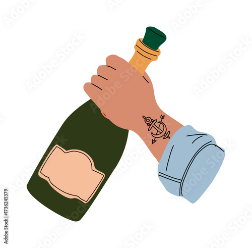 Male hand with tattoo in blue denim shirt holding a champagne bottle. Vector illustration isolated on transparent background, perfect for celebration, party, and festive designs