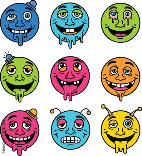 A grid of nine vibrant, melting cartoon creature faces with unique, exaggerated expressions and dripping goo.