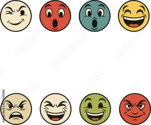 Set of eight colorful cartoon emoticons displaying various expressions including winking, surprise, sadness, joy, anger, and mischievousness.