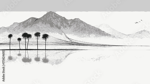 Serene minimalist black and white landscape with majestic mountains, tranquil water, and graceful tree reflections