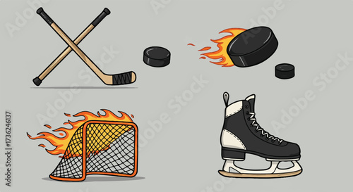 Dynamic vector illustration featuring creative hockey sport icons including crossed sticks, a puck in orbit, a net with flames, and a sleek minimalist skate.
