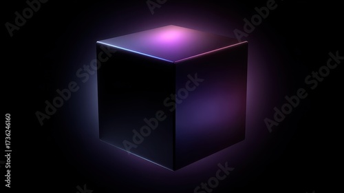 Black Cube with Purple Neon Glow in a Dark Space