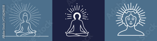 Three minimalist illustrations depict figures in meditation, each surrounded by radiant light. These symbols represent serenity, mindfulness, and spiritual awakening.