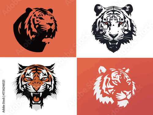 Four unique tiger designs highlight the beauty and power of the animal, presenting diverse styles and expressions on vibrant backgrounds.