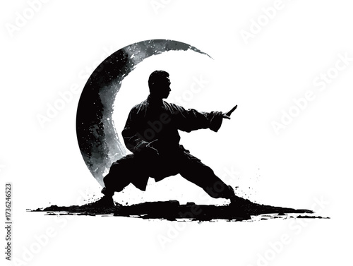 A martial artist stands in a powerful stance with a blade, silhouetted against a large full moon. The scene captures focus and strength in a nighttime setting.