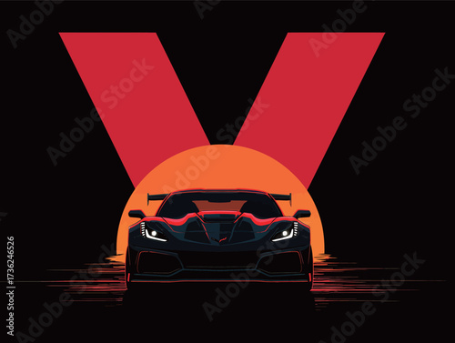 A sleek black sports car stands boldly against a striking sunset background. The vivid colors enhance the dynamic shape of the vehicle, creating an eye-catching visual.