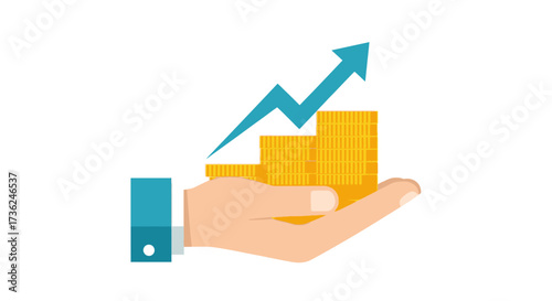 Concept of business profit and financial growth with a hand holding a stack of coins and an increasing arrow graph symbolizing success