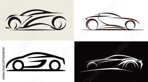Various stylized car silhouettes demonstrate sleek automotive design. Each design emphasizes curves and lines, highlighting elegance in form and motion.